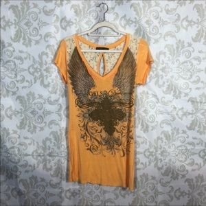 Angels & Diamonds Orange Embellished Lace Tee L